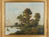 a painting of a boat on a river with a house in the background