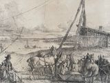 a drawing of a group of people riding horses