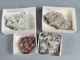 quatre types de roches différents dans une boîte blanche posée sur une table