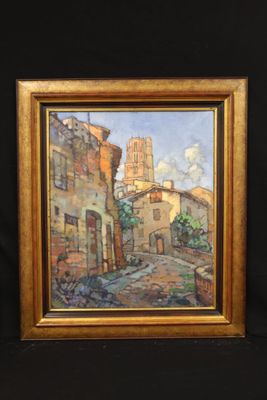 an oil painting of a street scene with a church in the background