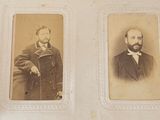 two old black and white photos of men in suits and ties