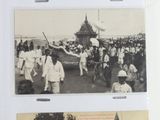 several old photos of people in front of a building with a clock tower