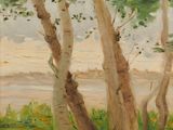 une peinture à l'huile représentant des arbres dans un champ, avec un plan d'eau en arrière-plan