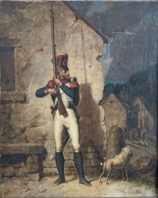 painting of a man in uniform holding a rifle in front of a building