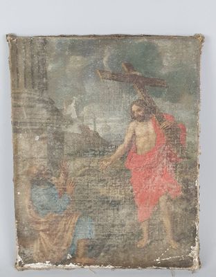 un vieux tableau représentant Jésus sur la croix, en compagnie d'une femme et d'un homme
