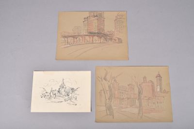 trois dessins représentant des bâtiments et un pont sur fond bleu