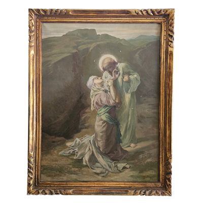 une peinture représentant une femme tenant un enfant dans ses bras