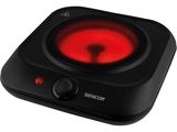 a close up of a black and red electric stove top