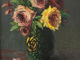une peinture de roses dans un vase sur une table