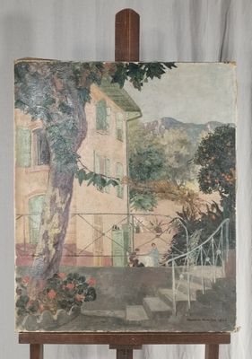 tableau sur chevalet représentant une maison avec un escalier et un arbre