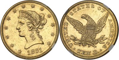 a gold coin with an eagle on the front and a woman ' s head on the back