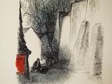 drawing of a man leaning against a wall with a red fire hydrant