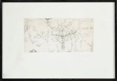 framed and matted drawing of a landscape in a black frame