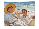 tableau représentant deux hommes allongés sur la plage, coiffés de chapeaux