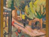 an image of a painting of a person walking down a street