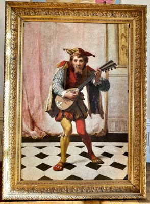 a painting of a man playing a guitar in a room