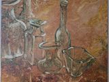 painting of a still life with a vase, a bottle, and a rose