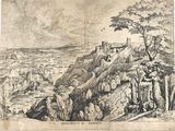 an old drawing of a castle on a rocky hill with a river in the foreground