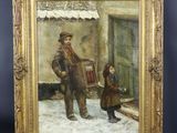 un vieux tableau représentant un homme et un enfant dans la neige