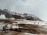 a picture of a watercolor painting of people on the beach