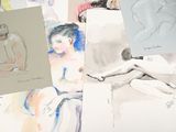 many drawings of a woman sitting on a table