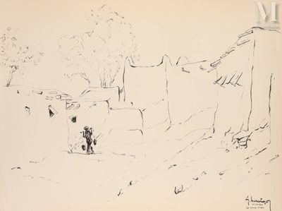 dessin représentant un chien debout devant un mur de pierre
