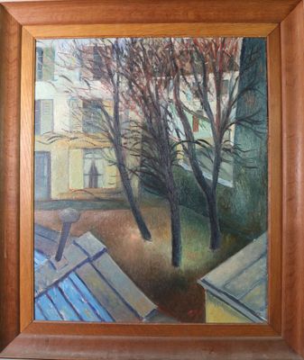 une peinture à l'huile représentant une maison avec un arbre devant