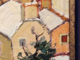 an oil painting of a tree in a pot in front of a snowy village