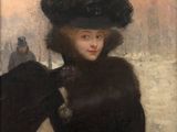 painting of a woman in a fur coat and hat holding a fan