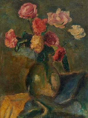 tableau représentant un vase de fleurs posé sur une table recouverte d'une nappe