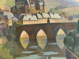 a painting of a bridge over a river with a castle in the background