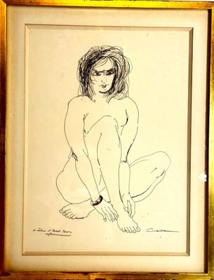 Dessin au feutre représentant un nu féminin assis, les jambe…