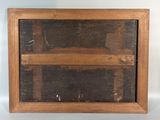 a picture of an old wooden shelf with a glass door