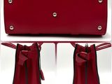 two photos of a red purse with a bow on the front