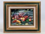 tableau représentant une nature morte composée de fruits et d'un pot de confiture