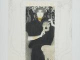 painting of a woman in a black dress holding a cat