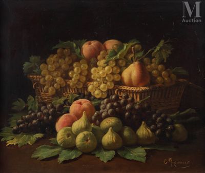 painting of fruit in a basket with figurines, peaches, grapes, and figurines on a table