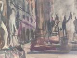 a painting of a man walking down a city street