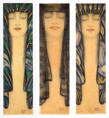 trois tableaux représentant une femme aux cheveux longs, coiffée d'un foulard