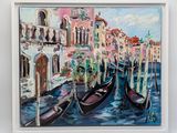 painting of gondolas in venice, italy in a white frame on a wall