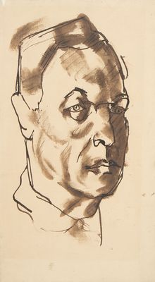 dessin représentant le visage d'un homme portant des lunettes, sur fond beige