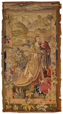 une tapisserie ancienne représentant une femme et un enfant dans un paysage