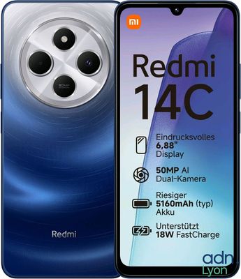 Smartphone Redmi 14C avec 4 Go de RAM, un appareil photo arrière de 64 Mpx et un autre de 48 Mpx