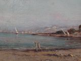 a painting of a beach scene with sailboats in the water