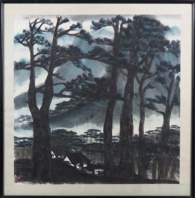 une image représentant un tableau avec des arbres et un bateau sur l'eau