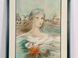 tableau représentant une femme en robe blanche tenant un bouquet de fleurs