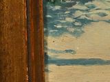 an oil painting of a bird standing on a beach next to a body of water