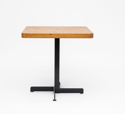 a wooden table with a black metal base and a wooden top