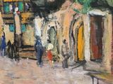 an oil painting of a street scene with people walking down the street