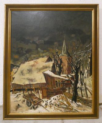 peinture d'un paysage enneigé avec une église en arrière-plan